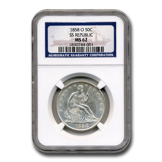 1858-O Liberty Seated Half Dollar MS-62 NGC (SS Republic) 1858-O Liberty Seated Half Dollar MS-62 NGC (SS Republic)